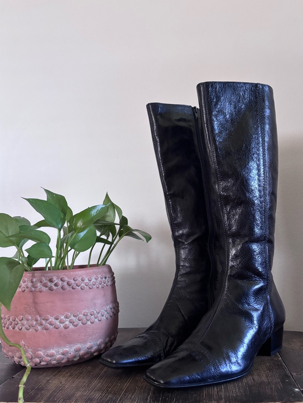 Vintage Italian Leather Knee High Square Toe Heeled Boots
